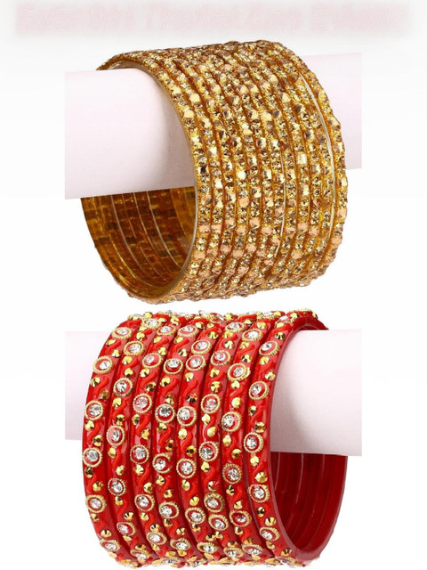 Somil Glass Bangle/Kada Set- Gold & Red, Combo Of 2 Set