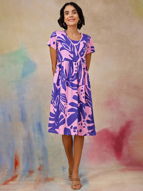 House Of Zelena Women Abstract Printed V-Neck Cotton Maternity A-Line Knee Length Dress