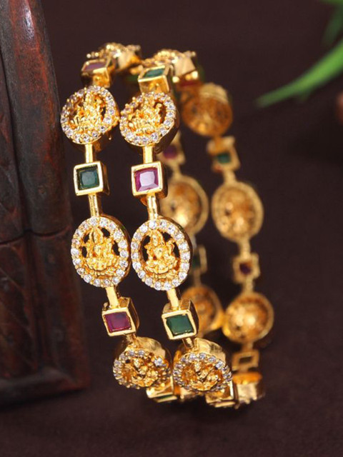 SGA FASHION Set Of 2 Gold-Plated American Diamonds Studded Bangles