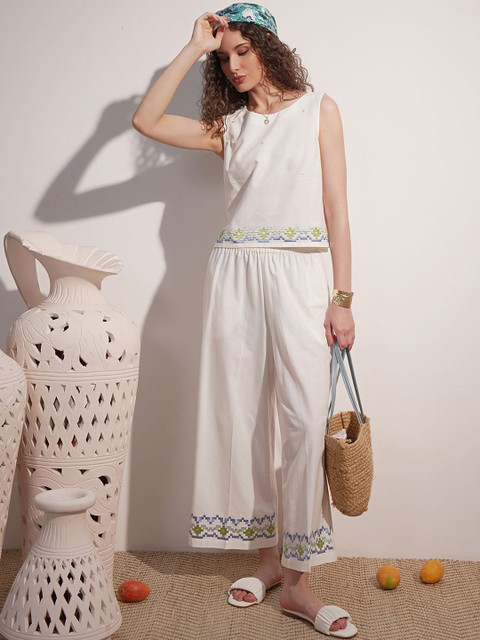 Vara By Vishudh Embroidered Round Neck Top With Trousers Co-Ords