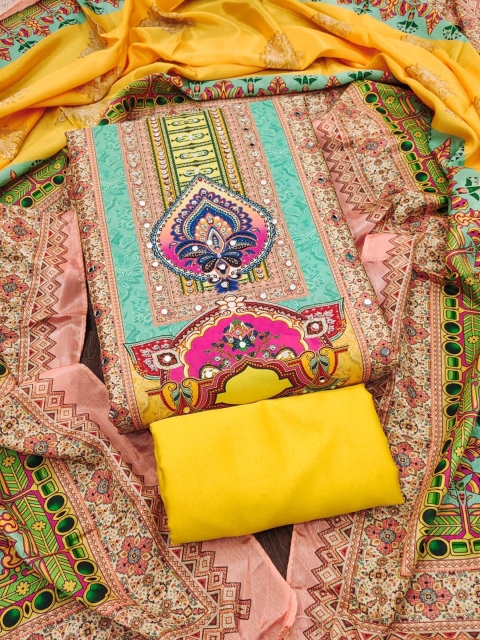 RUDRAA FAB Ethnic Motifs Printed Mirror Work Unstitched Dress Material