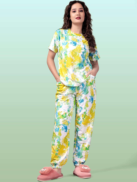 SAKARMAA Women Abstract Printed Round Neck Night suit