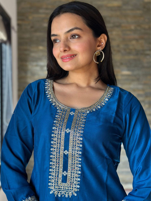 MOKOSH Floral Yoke Design Round Neck Thread Work Chinon Kurta With Trousers & Dupatta - Image 2