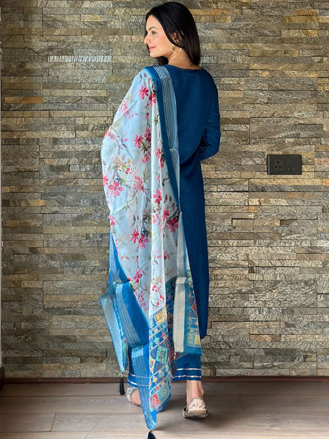 MOKOSH Floral Yoke Design Round Neck Thread Work Chinon Kurta With Trousers & Dupatta - Image 5