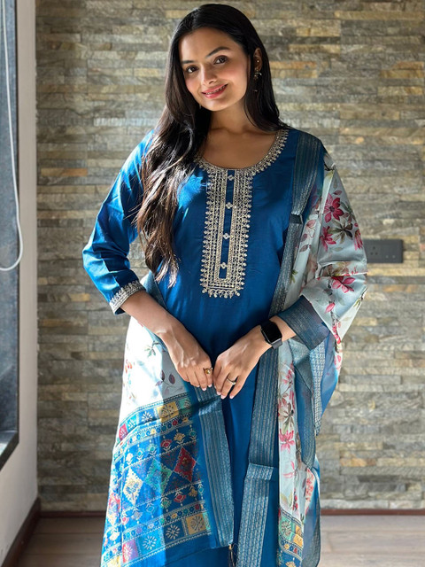 MOKOSH Floral Yoke Design Round Neck Thread Work Chinon Kurta With Trousers & Dupatta - Image 7