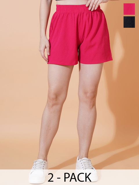 kintu parantu Women Pack of 2 Solid Regular Fit Mid-Rise Above Knee Shorts