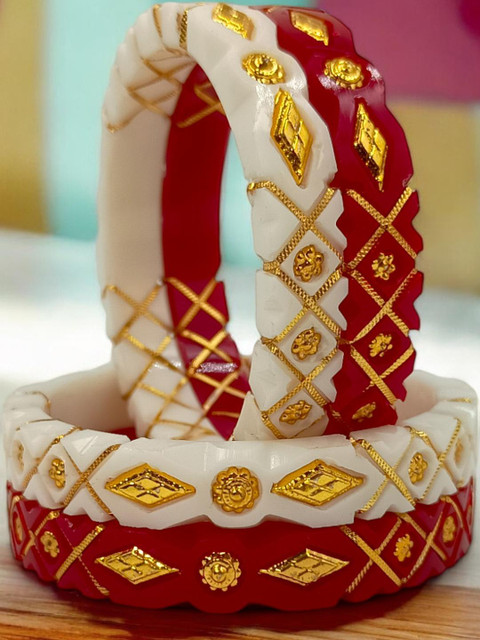 Tanvi J Women Red and White with Gold Design Bangles Set of 2