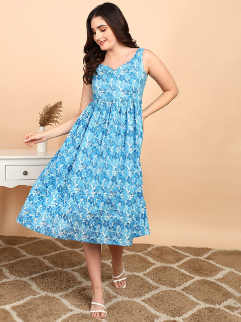 JAIPURFAME Floral Printed Sweetheart Neck Fit & Flare Cotton Ethnic Dress