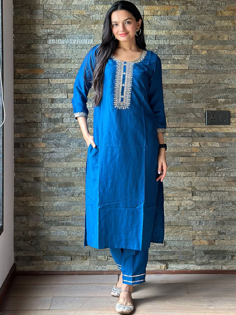 MOKOSH Floral Yoke Design Round Neck Thread Work Chinon Kurta With Trousers & Dupatta - Image 6