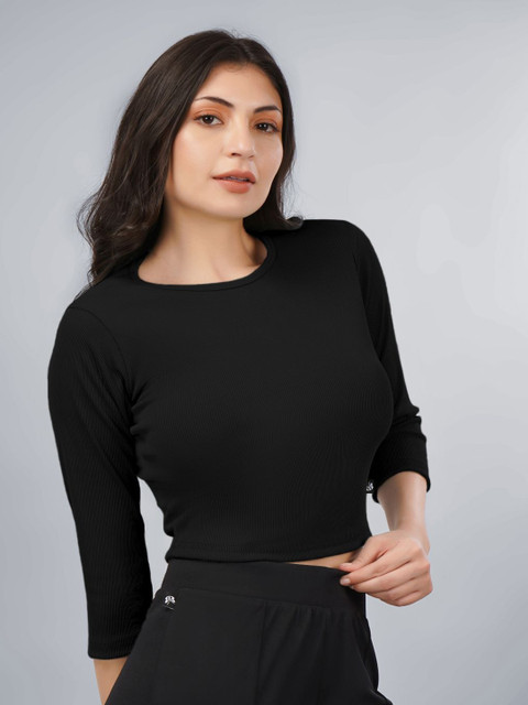 Plus Size Women Ribbed Round Neck Fitted Crop Top