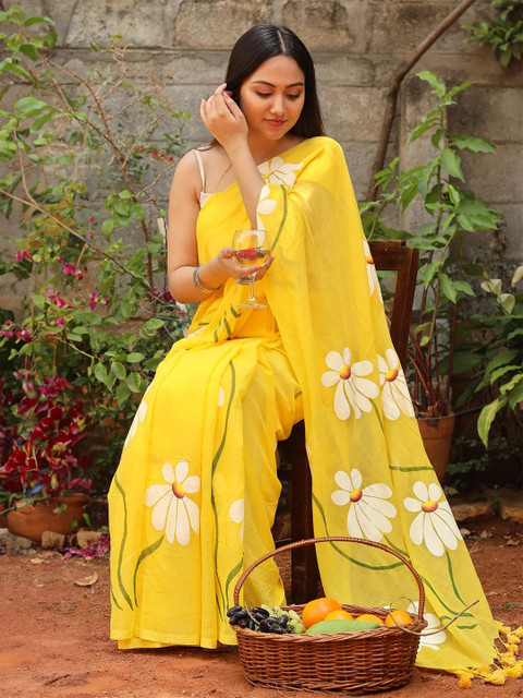 SILKWEAR Floral Printed Pure Linen Saree