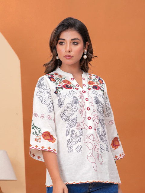 all about you Women Ethnic Motifs Embroidered Mandarin Collar Cotton Top