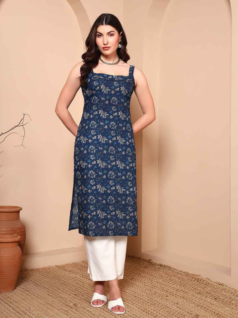 Harts And Darts Floral Printed Shoulder Straps Straight Cotton Kurta