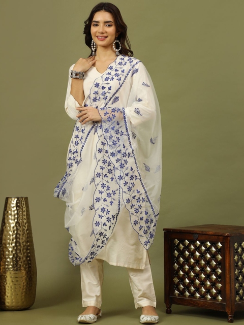 Sangria Floral Embroidered Mirror Work Organza Dupatta