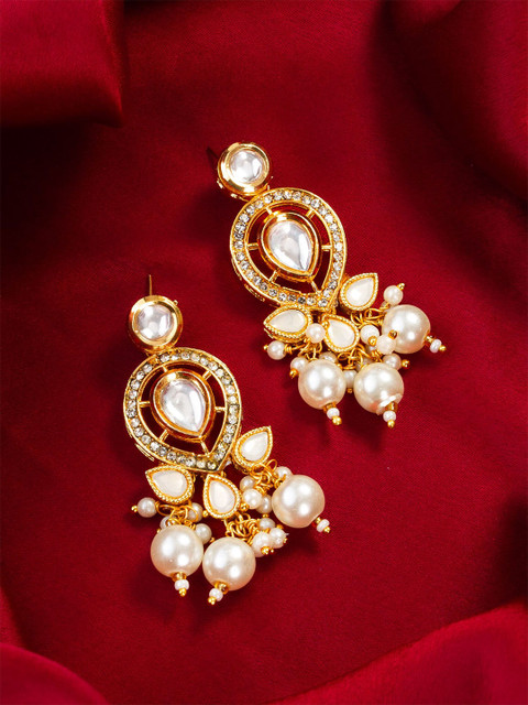 aadita Gold-Plated Kundan Studded And Pearls Beaded Teardrop Shaped Drop Earrings