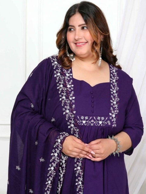 MISS CLOTHING Plus Size Floral Embroidered Sweetheart Neck Kurta With Trousers & Dupatta - Image 6