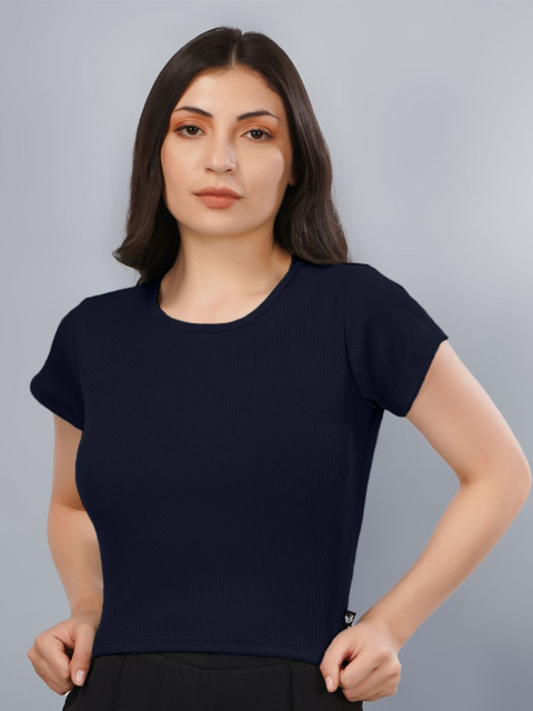 Plus Size Women Ribbed Round Neck Crop Fitted Top