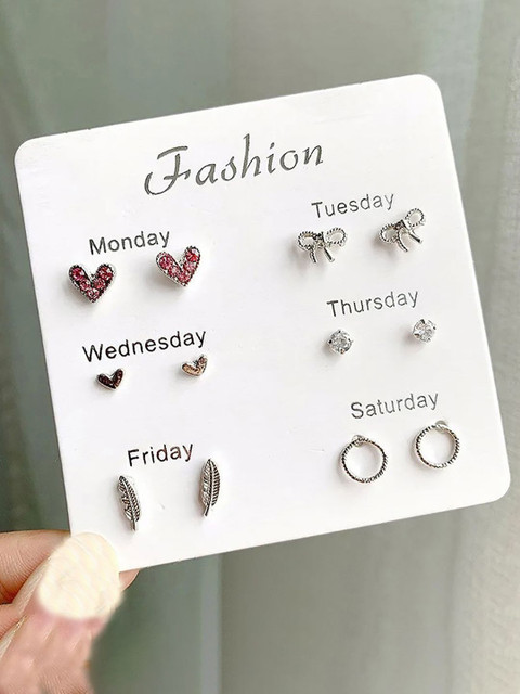 GOLDIWALA Set Of 6 Gold-Plated Cubic Zirconia Studded Heart Shaped Studs