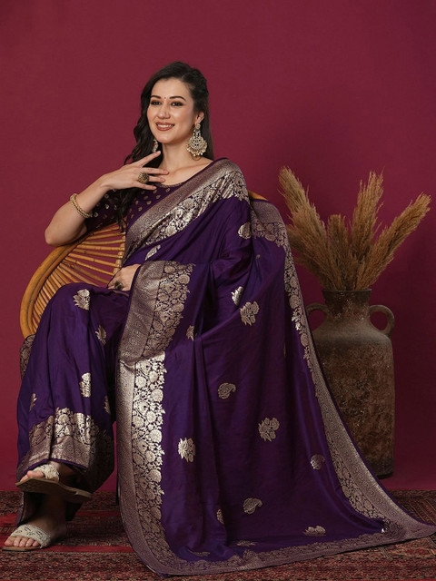 LEAFFEB Ethnic Motifs Woven Design Zari Banarasi Saree - Image 3