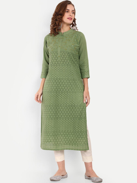 4u Fashion Geometric Embroidered Thread Work Detail Straight Kurta