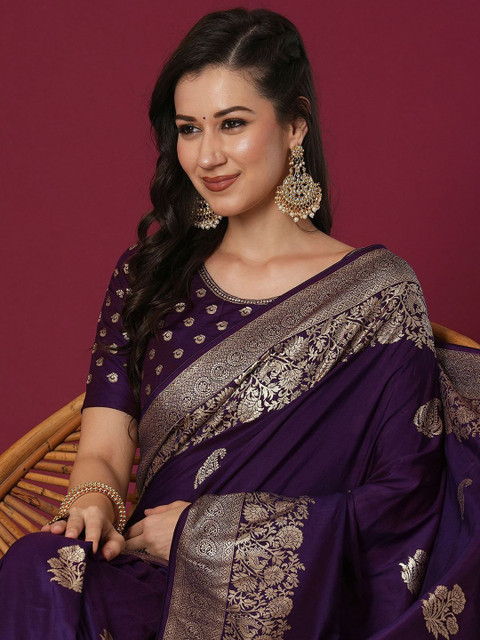 LEAFFEB Ethnic Motifs Woven Design Zari Banarasi Saree - Image 4