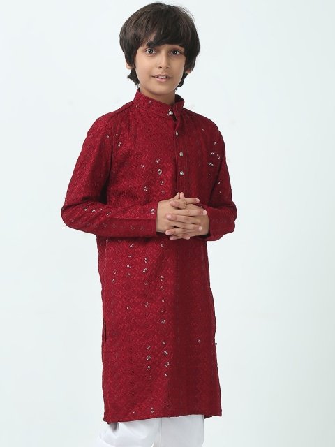 CHILINS Boys Floral Embroidered Band Collar Sequinned Kurta With Pyjamas - Image 3