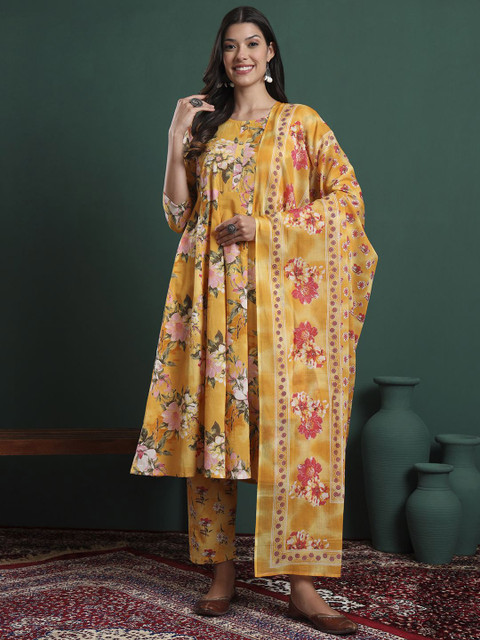 Yufta Floral Printed Pure Cotton Round Neck Maternity Kurta With Trousers & Dupatta