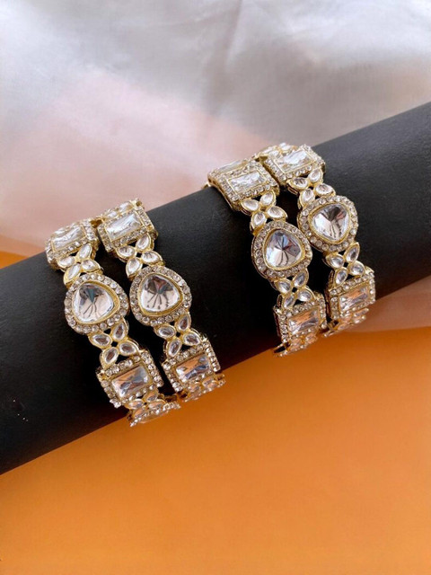 T4 JEWELS Gold & White Kundan Bangles