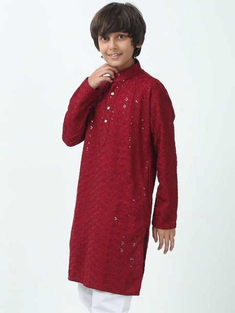 CHILINS Boys Floral Embroidered Band Collar Sequinned Kurta With Pyjamas - Image 4