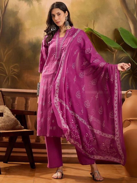 Sangria Printed Pure Cotton Straight Kurta With Trousers & Dupatta