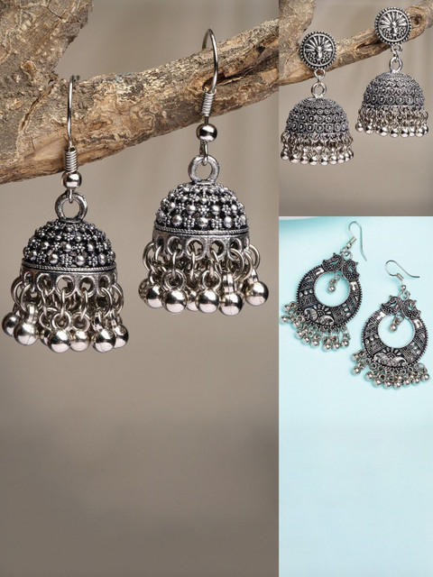 Sangria Women Set of 3 Silver-Toned German Silver Oxidised Dome Shaped Jhumka Earrings