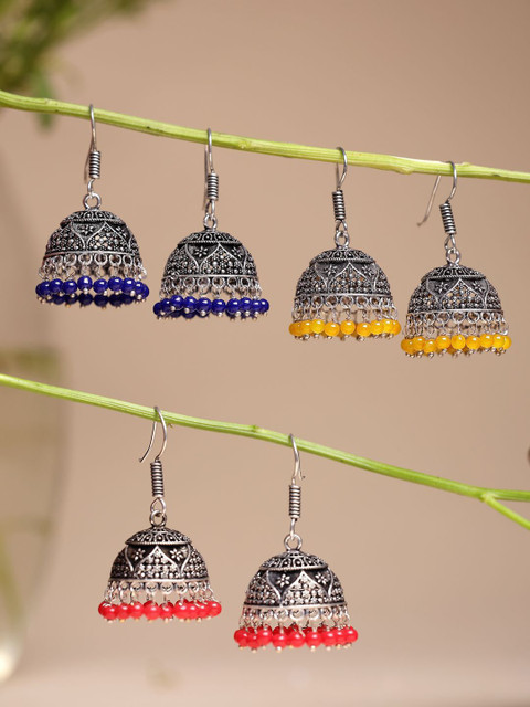 Sangria Set Of 3 Silver-Plated Oxidised Artificial Beaded Jhumkas