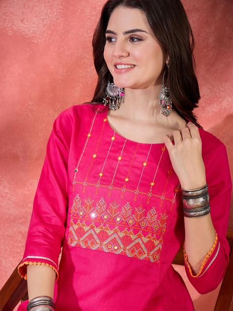 Sangria Geometric Embroidered Thread Work Round Neck A-Line Kurta
