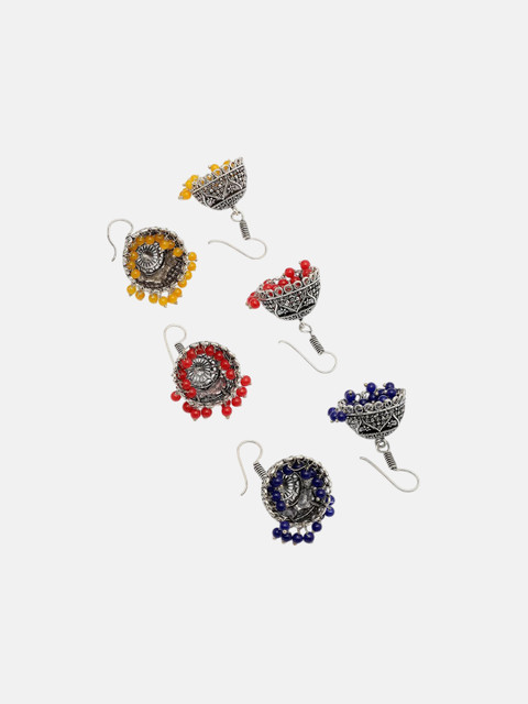 Sangria Set Of 3 Silver-Plated Oxidised Artificial Beaded Jhumkas - Image 3