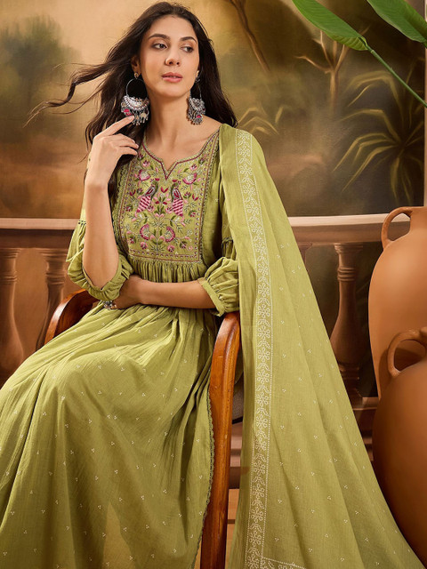 Sangria Women Ethnic Motifs Embroidered Cotton Kurta with Trousers & Dupatta