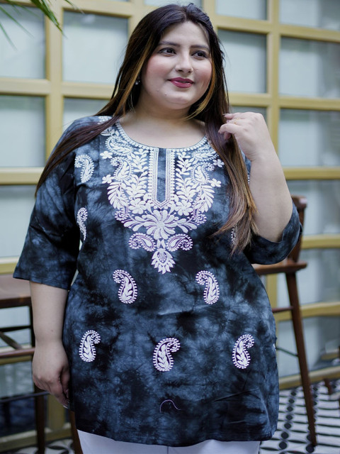 Lee Moda Plus Size Marble Tie & Dye Chikankari Straight Kurti
