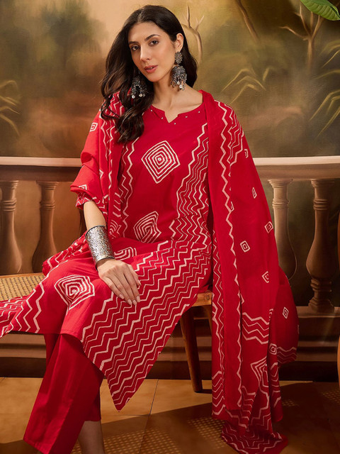 Sangria Geometric Printed Notch Neck Pure Cotton Straight Kurta With Trousers & Dupatta