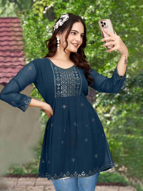 KRULRIN Women Ethnic Embroidered V- Neck Tunic