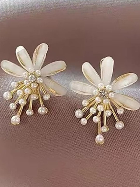 Tiso Gold & White Flower Earrings | Statement Stud Earrings for Women and Girls