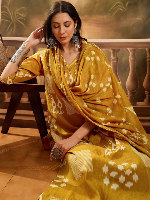 Sangria Geometric Printed V Neck Pure Cotton Straight Kurta With Trousers & Dupatta