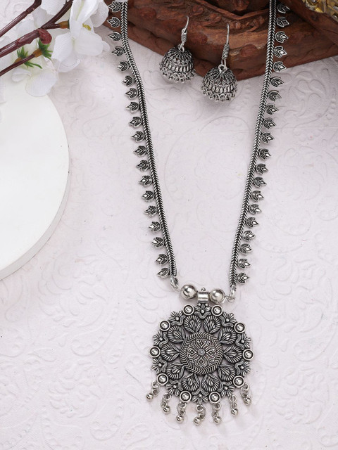 Sangria Women Silver-Toned Floral Shape Oxidized Necklace with Jhumka Earrings