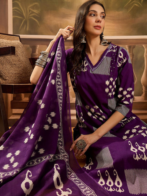 Sangria Geometric Printed V Neck Pure Cotton Straight Kurta With Trousers & Dupatta