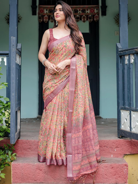 ZIRVI Printed Linen Blend Tussar Saree