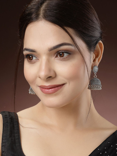 Sangria Women Set of 3 Silver-Toned German Silver Oxidised Dome Shaped Jhumka Earrings - Image 5