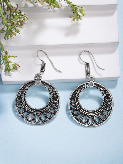 Anouk German Silver-Plated Oxidised Circular Drop Earrings