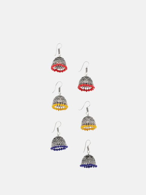 Sangria Set Of 3 Silver-Plated Oxidised Artificial Beaded Jhumkas - Image 2