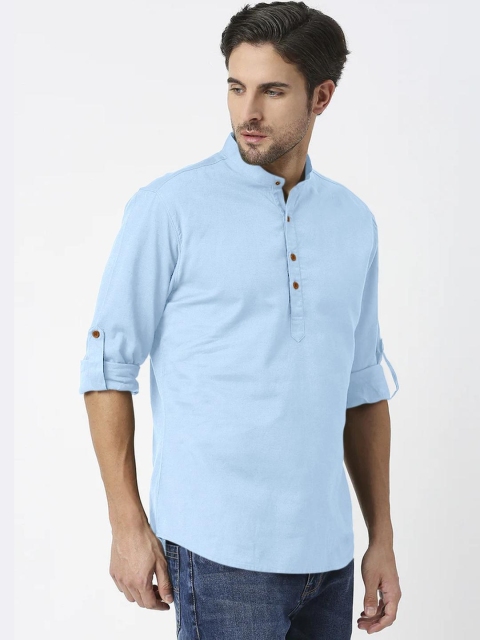 Fifth U Men Sky Blue Solid Cotton Kurta