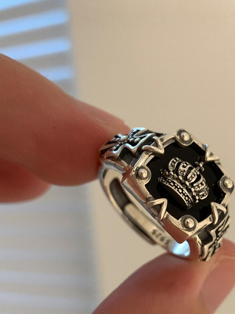 Inites Silver-Plated Adjustable Crown Cross Black Enamel Finger Ring