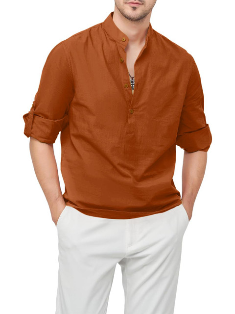 Fifth U Brown Men Solid Cotton Blend Straight Kurta