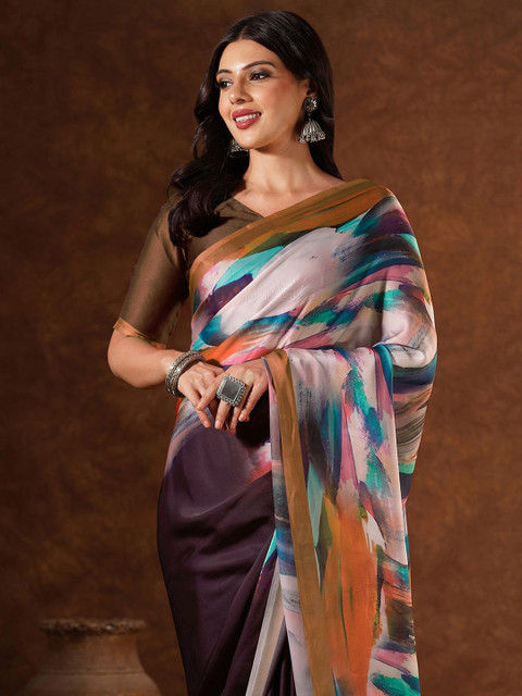 Sangria Abstract Printed Satin Saree With Unstiched Blouse